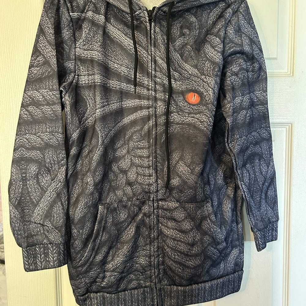 Dark Gray Zip Hoodie with Subtle Rope Texture and Orange Accent